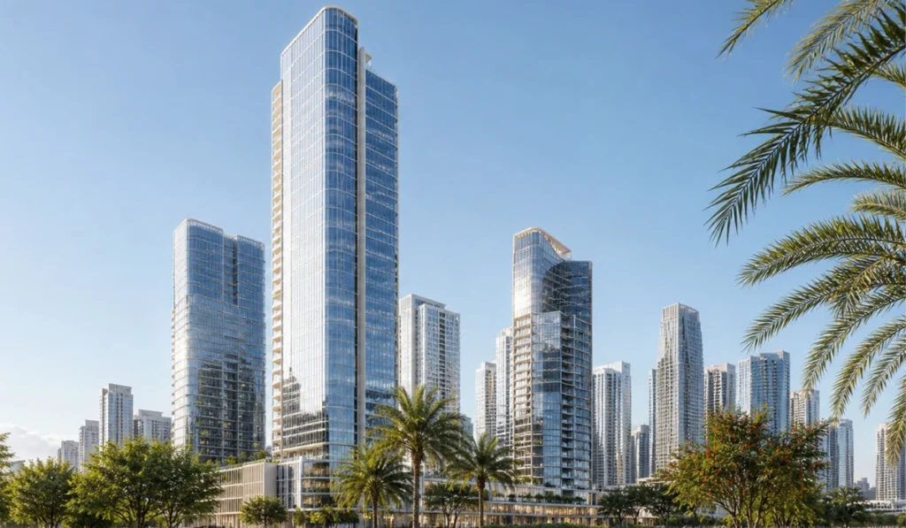 Modern glass skyscrapers rise behind a lush green park with palm trees, curved paths, and bright blue sky.