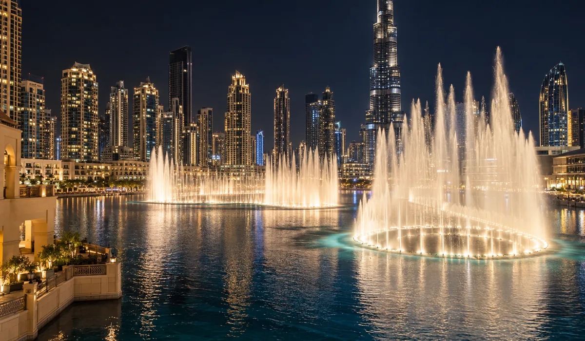 Dubai Fountain show in the evening with crowds by the waterfront