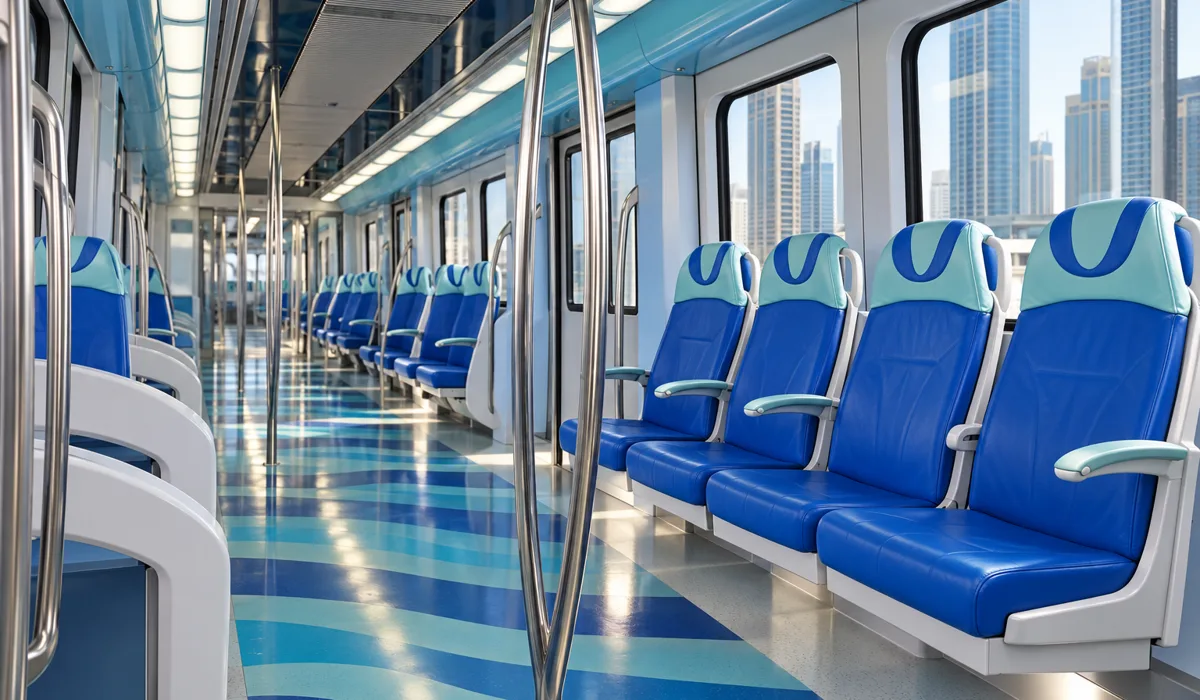 Inside a Dubai Metro carriage with commuters