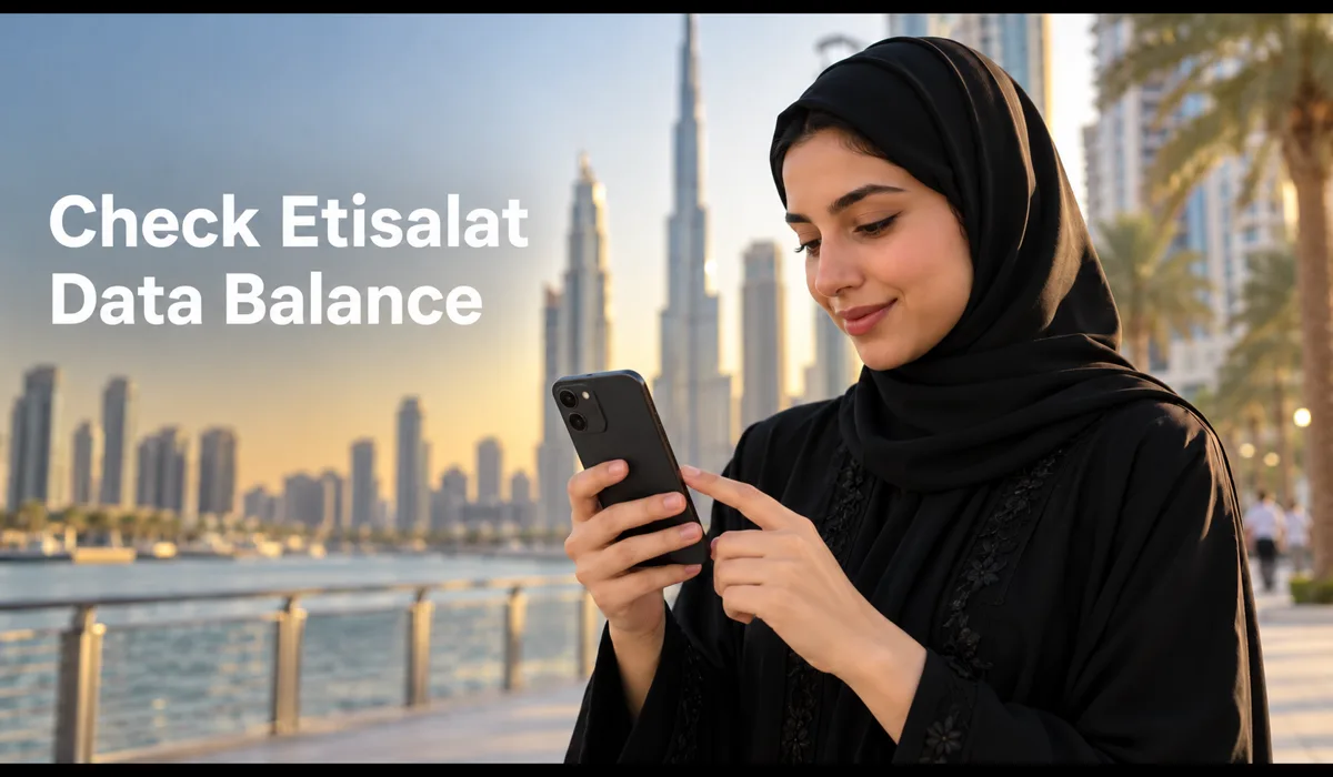 Woman checking her Etisalat data balance on her phone